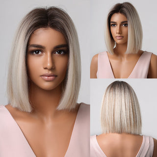 Pelucas sintéticas cortas y rectas para mujeres, cabello falso resistente al calor, Rubio a marrón, Ombre, Bob con flequillo, fiesta de Cosplay diaria ALODIA STORE