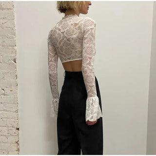 Lace Crochet Crop Top Sexy Womens Flare Long Sleeves O-neck Solid T-shirt 2023 Ladies Fashion Party Club Streetwear Blouse Tops ALODIA STORE