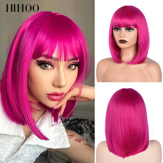 Short Straight Bob Wig for Women Synthetic Wigs Brown to Blonde Ombre Natural Fake Hair Heatresistant Wig Pink Wig With Bangs ALODIA STORE