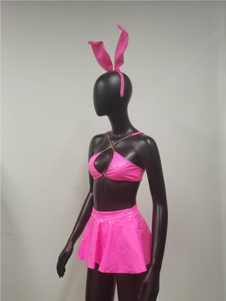 Sexy Lingerie Set Women Rabbit Ears Patent Leather Erotic Lingerie Sexy Uniform Rabbit Metal Chain Nightclub Lingerie Clothing ALODIA STORE