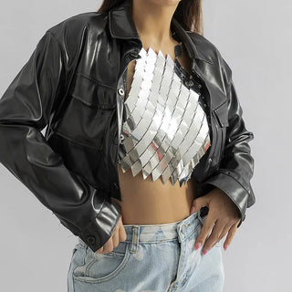 Shiny Plastic Sequins Sexy Backless Crop Tank Tops For Women y2k Hollow Out Halter Shiny Solid Silver Fashion Sequin CropTop ALODIA STORE
