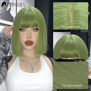 Green Short Bob Hair Synthetic Wig For Woman With Bangs Blonde Ombre Pink Cosplay Lolita Party Heat Resistant Daily Natural Hair ALODIA STORE