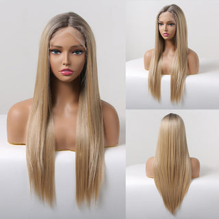 HENRY MARGU Long Straight Lace Front Synthetic Wigs Brown Blonde Platinum Wigs for White Women Middle Part Daily Heat Resistant ALODIA STORE