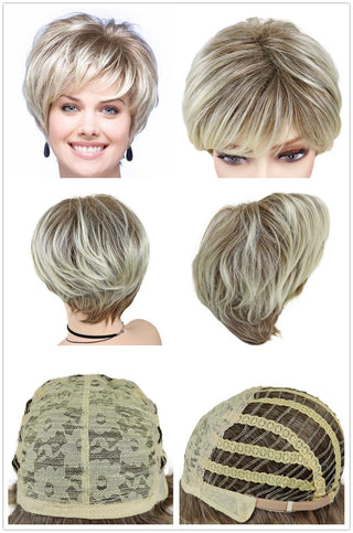 GNIMEGIL Synthetic Hair Blonde Wig with Bangs Natural Short Wig for White Woman High Temperature Blond Ombre Mommy Wig for Daily ALODIA STORE