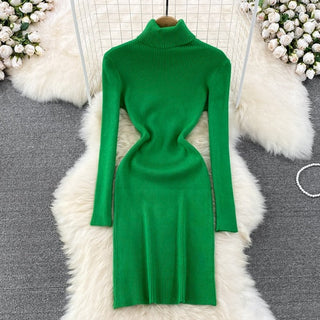 Elegant Turtleneck Long Sleeve Knit Bodycon Pencil Dress Slim Basic Fashion Sweater Vestido Sexy Women Autumn Winter Clothing ALODIA STORE