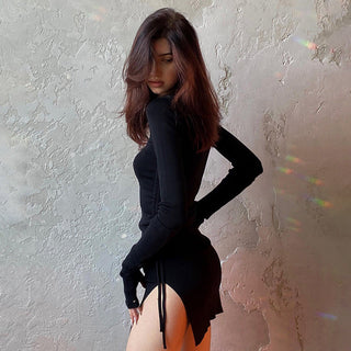 Goth Dark Mall Gothic Drawstring Bodycon Women Mini Dresses Y2k Punk Black Split Sexy Long Sleeve Dress Grunge Basic Partywear ALODIA STORE