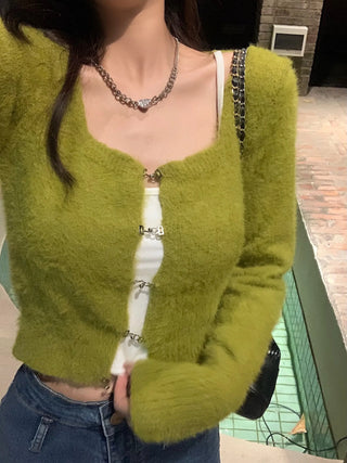Korean Fashion Solid Slim Knitted Cardigan for Women 2023 New In Autumn Casual Sexy Sweater Cropped Top Y2k 2000s Clothes ALODIA STORE