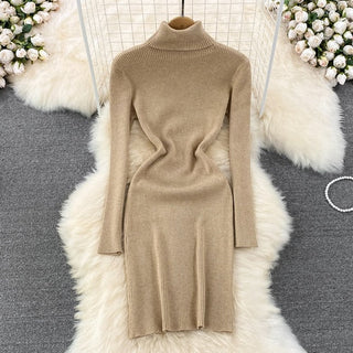 Elegant Turtleneck Long Sleeve Knit Bodycon Pencil Dress Slim Basic Fashion Sweater Vestido Sexy Women Autumn Winter Clothing ALODIA STORE