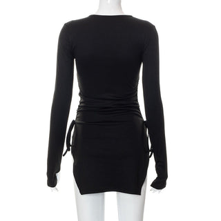 Goth Dark Mall Gothic Drawstring Bodycon Women Mini Dresses Y2k Punk Black Split Sexy Long Sleeve Dress Grunge Basic Partywear ALODIA STORE