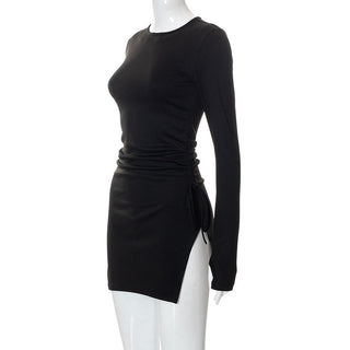 Goth Dark Mall Gothic Drawstring Bodycon Women Mini Dresses Y2k Punk Black Split Sexy Long Sleeve Dress Grunge Basic Partywear ALODIA STORE