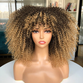 Short Hair Blonde Wigs Afro Kinky Curly Wig With Bangs For Black Women Cosplay Lolita Synthetic Natural Glueless Brown Mixed ALODIA STORE