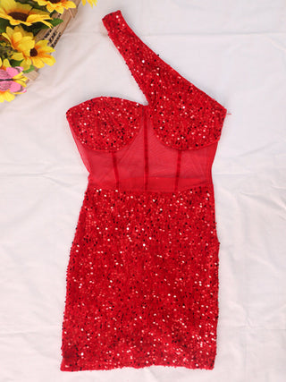 Kricesseen Sexy Glitter Sequined Mesh Patchwork Mini Dress Summer Women Sleeveless One Shoulder Bodycon Night Clubwear Dress ALODIA STORE