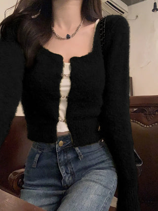 Korean Fashion Solid Slim Knitted Cardigan for Women 2023 New In Autumn Casual Sexy Sweater Cropped Top Y2k 2000s Clothes ALODIA STORE