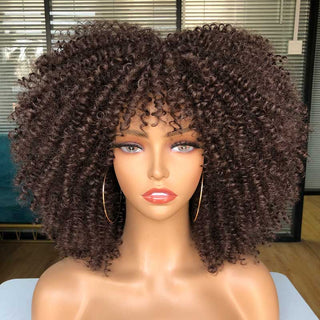 Short Afro Kinky Curly Wig With Bangs For Black Women Cosplay Lolita Natural Hair Ombre Mixed Brown Synthetic African Wigs ALODIA STORE