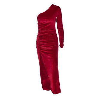 New Solid Long Sleeve One Shoulder Ruched Slit Velvet Midi Dress Sexy Party Club Elegant Bodycon Dresses Femme Robe Longue ALODIA STORE