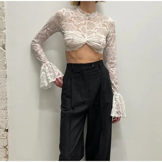 Lace Crochet Crop Top Sexy Womens Flare Long Sleeves O-neck Solid T-shirt 2023 Ladies Fashion Party Club Streetwear Blouse Tops ALODIA STORE