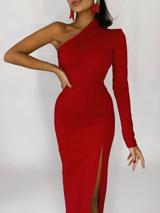 Long Elegant Dresses for Women Summer One Shoulder Maxi Dress Bodycon Sexy Black Slit Fomal Wedding Evening Party Dress 2022 ALODIA STORE