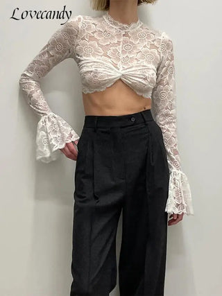 Lace Crochet Crop Top Sexy Womens Flare Long Sleeves O-neck Solid T-shirt 2023 Ladies Fashion Party Club Streetwear Blouse Tops ALODIA STORE