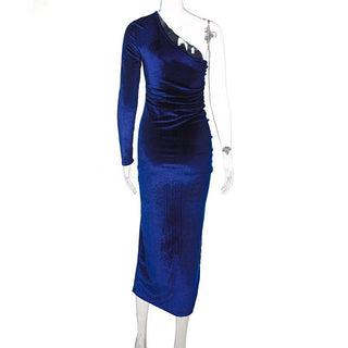 New Solid Long Sleeve One Shoulder Ruched Slit Velvet Midi Dress Sexy Party Club Elegant Bodycon Dresses Femme Robe Longue ALODIA STORE