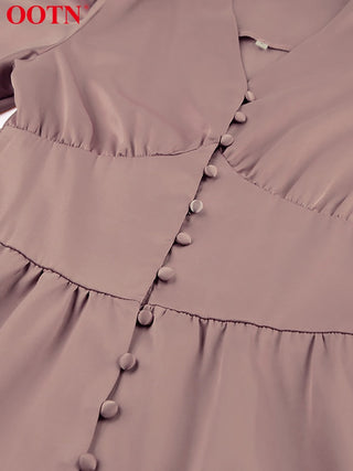 OOTN White Single Breasted Elegant Dress For Women Party Robe High Waist Satin Long Dress Chic Midi Dresses Lantern Sleeve ALODIA STORE