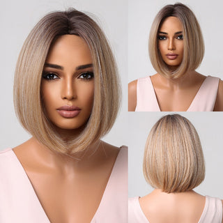 Pelucas sintéticas cortas y rectas para mujeres, cabello falso resistente al calor, Rubio a marrón, Ombre, Bob con flequillo, fiesta de Cosplay diaria ALODIA STORE