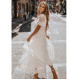 Hollow Out White Dress Sexy Women Long Lace Dress Cross Semi-Sheer Plunge V-Neck Short Sleeve Lace Maxi Dress Simple Solid ALODIA STORE