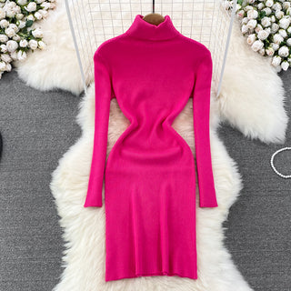 Elegant Turtleneck Long Sleeve Knit Bodycon Pencil Dress Slim Basic Fashion Sweater Vestido Sexy Women Autumn Winter Clothing ALODIA STORE