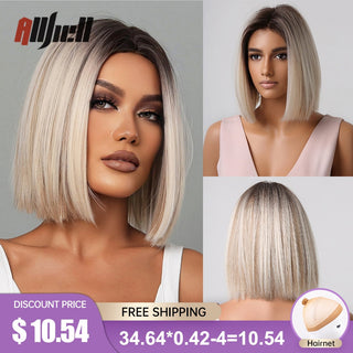 Ombre Brown Platinum Blonde Synthetic Wigs Short Straight Bob Wigs for Black Women Daily Natural Heat Resistant Hair Cosplay ALODIA STORE