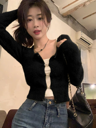 Korean Fashion Solid Slim Knitted Cardigan for Women 2023 New In Autumn Casual Sexy Sweater Cropped Top Y2k 2000s Clothes ALODIA STORE
