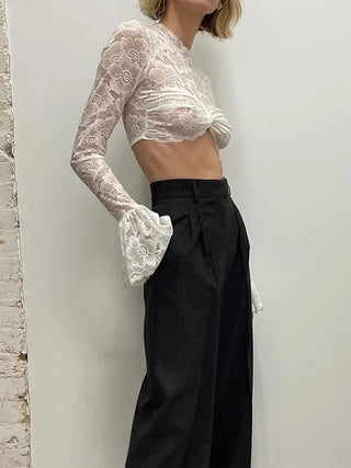 Lace Crochet Crop Top Sexy Womens Flare Long Sleeves O-neck Solid T-shirt 2023 Ladies Fashion Party Club Streetwear Blouse Tops ALODIA STORE