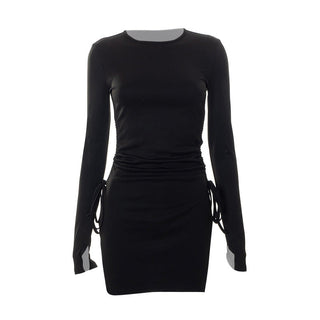 Goth Dark Mall Gothic Drawstring Bodycon Women Mini Dresses Y2k Punk Black Split Sexy Long Sleeve Dress Grunge Basic Partywear ALODIA STORE