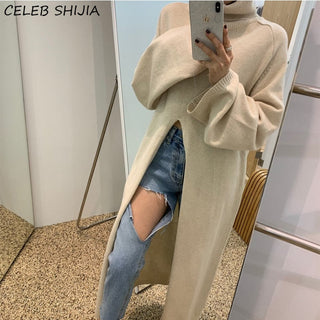 Turtleneck Knitting Dress for Woman Apricot Chic Full-sleeve Vintage ALODIA STORE
