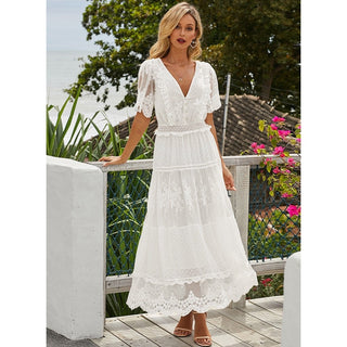 Hollow Out White Dress Sexy Women Long Lace Dress Cross Semi-Sheer Plunge V-Neck Short Sleeve Lace Maxi Dress Simple Solid ALODIA STORE