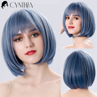 Green Short Bob Hair Synthetic Wig For Woman With Bangs Blonde Ombre Pink Cosplay Lolita Party Heat Resistant Daily Natural Hair ALODIA STORE