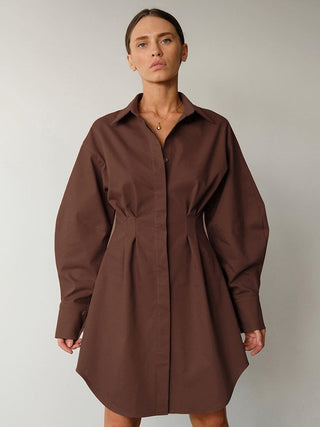Mnealways18 Spring Summer Bodycon Dress Women Khaki Long Sleeve Pleated Shirt Dress Office Ladies Solid Lapel Casual Mini Dresss ALODIA STORE
