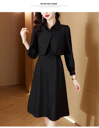 Korean Fashion Casual Two Piece Set Women Elegant Loose Vest CropTops + Long Sleeve Slim Shirt Dress Woman Femme 2 Piece Outfits ALODIA STORE