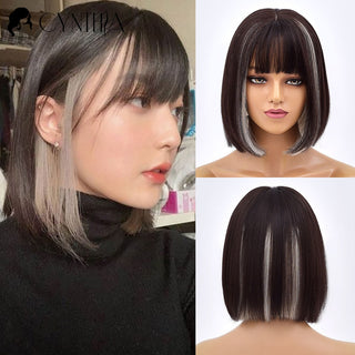 Green Short Bob Hair Synthetic Wig For Woman With Bangs Blonde Ombre Pink Cosplay Lolita Party Heat Resistant Daily Natural Hair ALODIA STORE