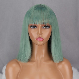 Green Short Bob Wig With Bangs for Women Shoulder Length Synthetic Wigs Cosplay Party Daily Lolita Natural Hair Black Pink Red ALODIA STORE