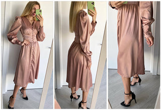 OOTN White Single Breasted Elegant Dress For Women Party Robe High Waist Satin Long Dress Chic Midi Dresses Lantern Sleeve ALODIA STORE