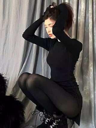 Goth Dark Mall Gothic Drawstring Bodycon Women Mini Dresses Y2k Punk Black Split Sexy Long Sleeve Dress Grunge Basic Partywear ALODIA STORE