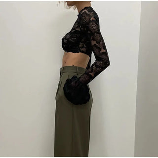 Lace Crochet Crop Top Sexy Womens Flare Long Sleeves O-neck Solid T-shirt 2023 Ladies Fashion Party Club Streetwear Blouse Tops ALODIA STORE