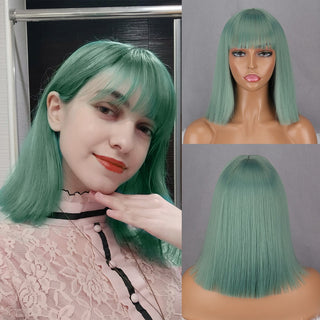 Green Short Bob Wig With Bangs for Women Shoulder Length Synthetic Wigs Cosplay Party Daily Lolita Natural Hair Black Pink Red ALODIA STORE