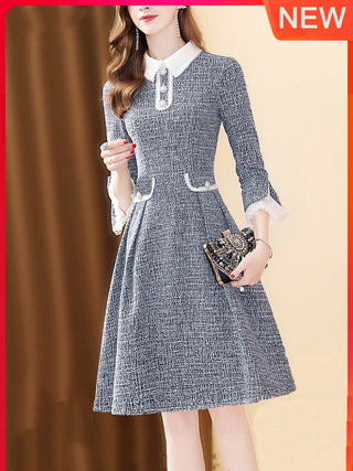 EVNISI Women 2023 Winter Grey Dress Tweed Dress For Party A-Line Flare Sleeve Woolen Dress Holiday Vestidos Thick Outerwear ALODIA STORE