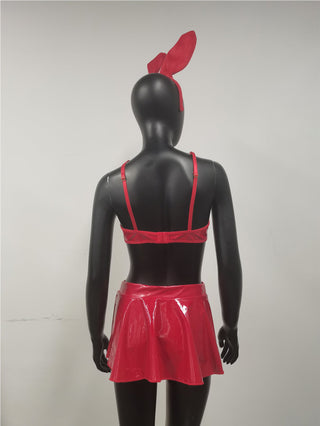 Sexy Lingerie Set Women Rabbit Ears Patent Leather Erotic Lingerie Sexy Uniform Rabbit Metal Chain Nightclub Lingerie Clothing ALODIA STORE