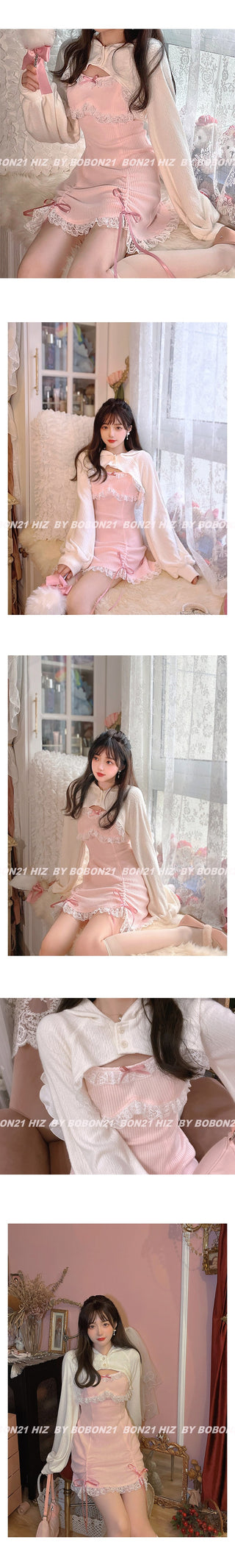 Japanese Kawaill Lolita Dress Women Bow Pink Party Mini Fashion 2 Piece Dress Set 2023 Summer ALODIA STORE