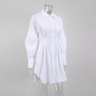 Mnealways18 Spring Summer Bodycon Dress Women Khaki Long Sleeve Pleated Shirt Dress Office Ladies Solid Lapel Casual Mini Dresss ALODIA STORE