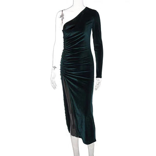 New Solid Long Sleeve One Shoulder Ruched Slit Velvet Midi Dress Sexy Party Club Elegant Bodycon Dresses Femme Robe Longue ALODIA STORE