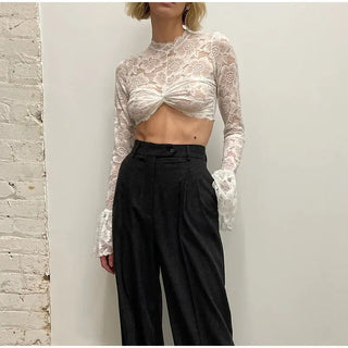 Lace Crochet Crop Top Sexy Womens Flare Long Sleeves O-neck Solid T-shirt 2023 Ladies Fashion Party Club Streetwear Blouse Tops ALODIA STORE