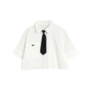 Preppy Style Women White Cropped Shirts Blouse for Girl Summer Button Up Tops Korean Fashion Clothes Short Croptop Clothing ALODIA STORE