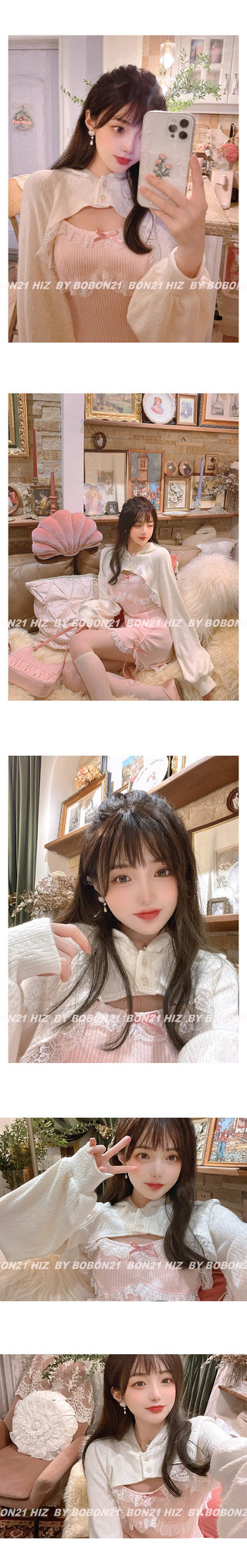 Japanese Kawaill Lolita Dress Women Bow Pink Party Mini Fashion 2 Piece Dress Set 2023 Summer ALODIA STORE